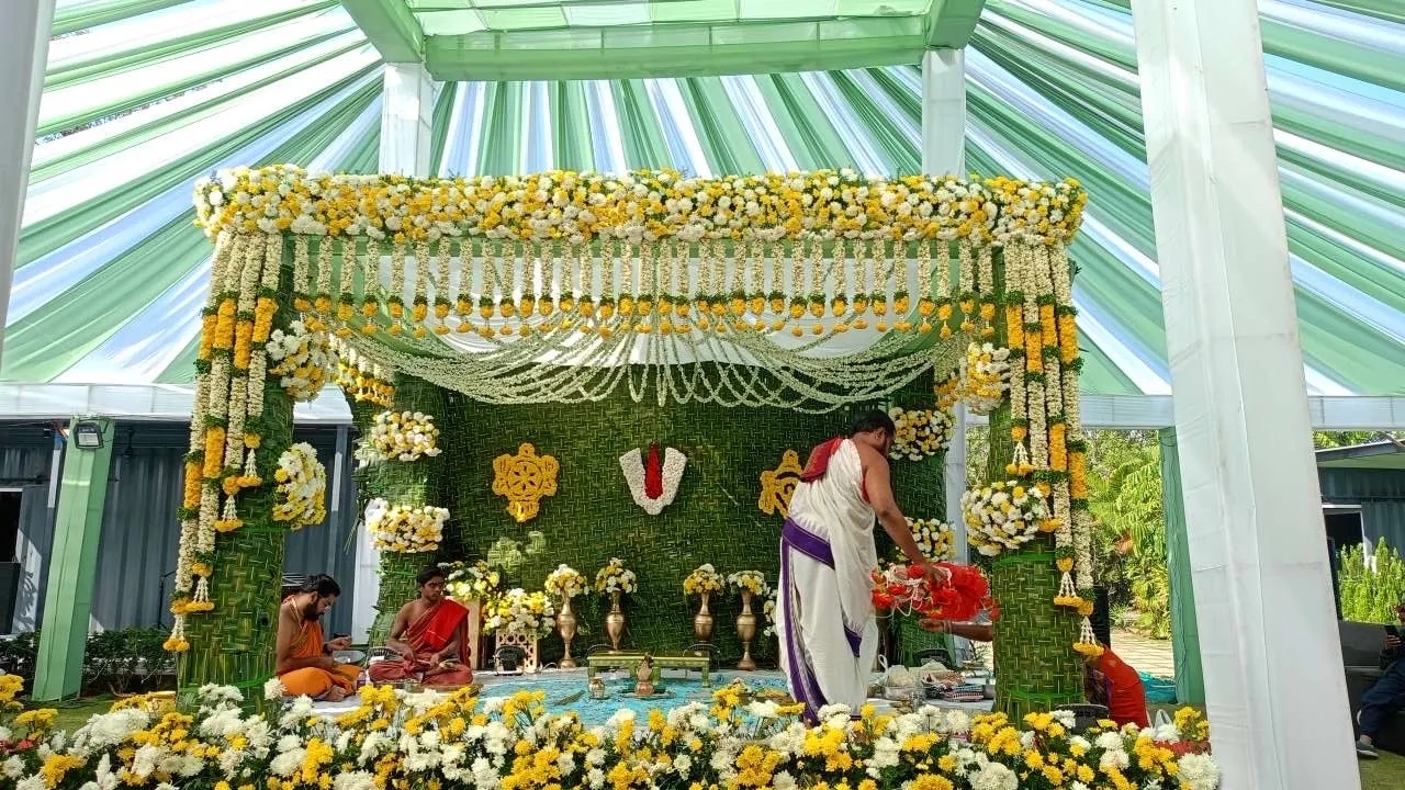Grand mandap with floral canopy